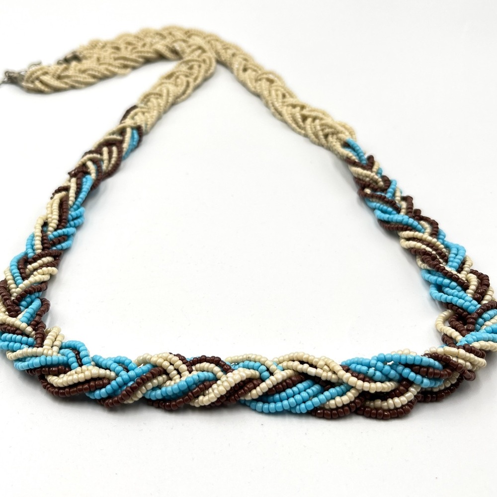Vintage Multi-Strand Braided Seed Bead Necklace Cream Blue Brown Boho Retro - Picture 6 of 15